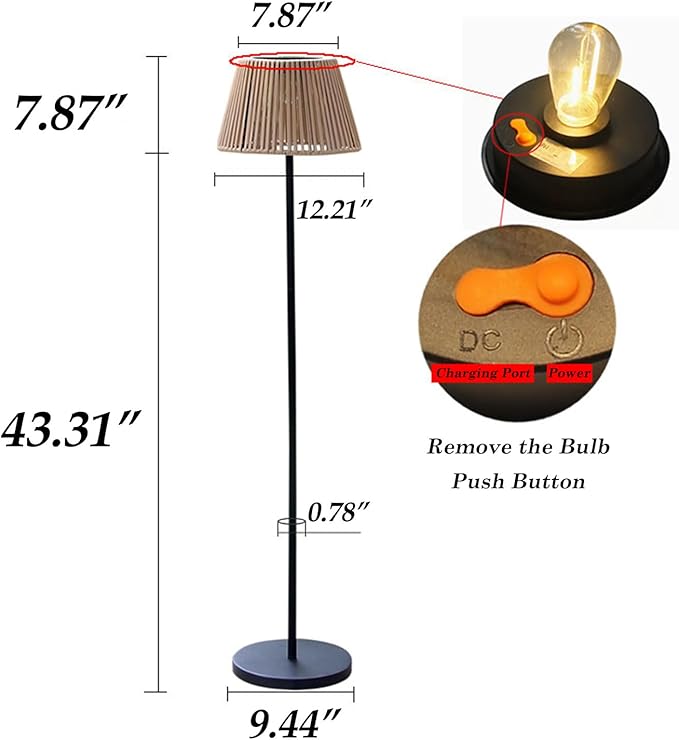 Rattan Shade Outdoor Floor Lamp,Solar Powered Wicker Standing Lamp,Waterproof Cordless Outdoor Patio Light, Modern Floor Light for Garden Yard and Porch