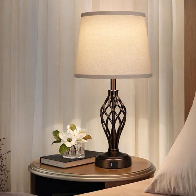Touch Table Lamps Set of 2, nightstand lamp with USB Ports Bedside 3 Way Touch dimmer Desk lamp for Living Room Bedroom,Brown Plated Spiral cage Base Design Warm White dimmer Bulbs Included.