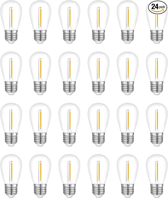 LED 5000K Outdoor String Light Bulbs, Waterproof S14 Replacement Bulb, E26 Base, 1W 120V, Daylight, 24-Pack