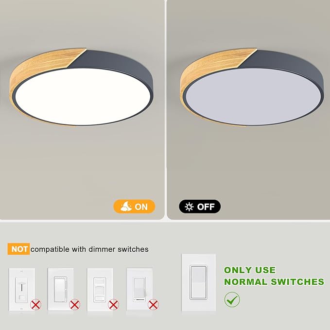 Vikaey Modern LED Ceiling Light, Minimalist Wood Flush Mount Ceiling Light Fixture, 4000K Not Dimmable, Circle Lighting Lamp with Acrylic Lampshade for Bedroom Dining Room Laundry (Grey, 15.8'')