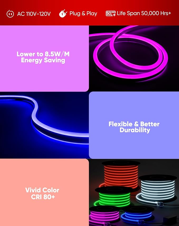 Shine Decor LED RGB Neon Rope Lights AC 120V, Expandable & Cuttable Bright Strip Lighting with Remote, Dimmable Color Changing, ETL Cold-Resistant & IP65 Waterproof for in&Outdoor, 10x20mm, 50FT