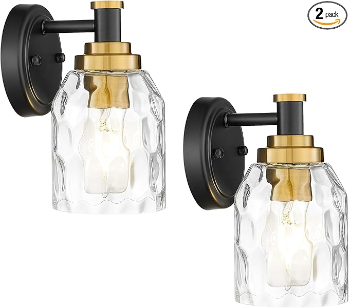 zeyu Wall Sconces Set of 2, 1-Light Bathroom Light Fixtures, Modern Vanity Light Wall Lamp with Water Ripple Glass Shade, Black and Gold Finish, ZG33B-2 BK+BG-WG