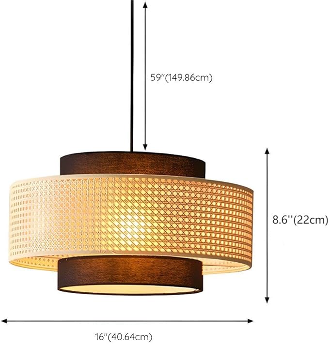 LIGHTLAND Rattan Farmhouse Pendant Light Fixture, Hand Woven Dining Room Pendant Light with Fabric Shade, Rustic Pendant Hanging Light Fixture for Kitchen Island, 16''