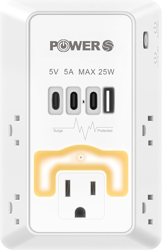 Electrical Outlet Extender with USB Ports (3C1A), Snug Wall Outlet with Night Light, Surge Protector, Wall Plug Adapter for Multiple Devices, Wall Socket Expander