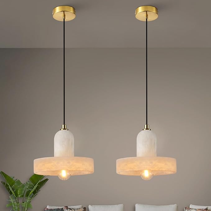 Alabaster Pendant Light for Kitchen Island, Modern Brass Hanging Light Fixture with Natural Alabaster Stone Shade, Adjustable Pendant Lighting Over Sink, Dining, Bar, Counter- 2 Pack