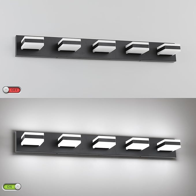 SOLFART Dimmable LED Vanity Lights for Bathroom, Modern Black Bathroom Vanity Lights Over Mirror, 5 Lights Bath Lighting Cool Light 6000K