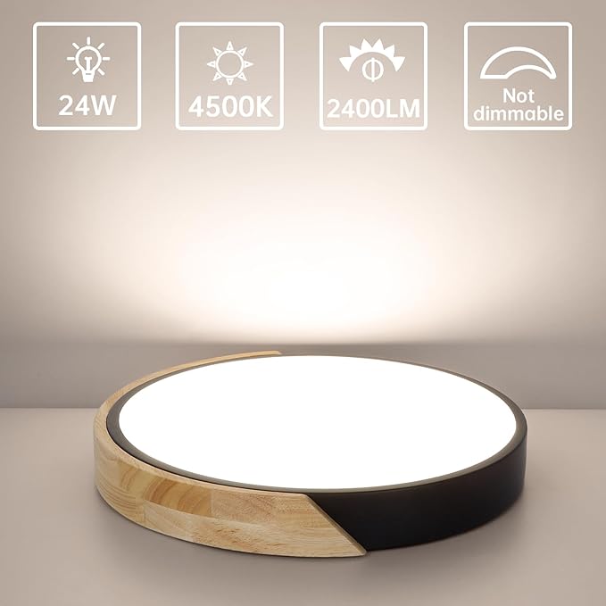 Modern Flush Mount Ceiling Light Fixture 12 Inch LED Ceiling Light, 24W Minimalist Round Shaped Wood Ceiling Lamp Natural White 4500K, Not Dimmable