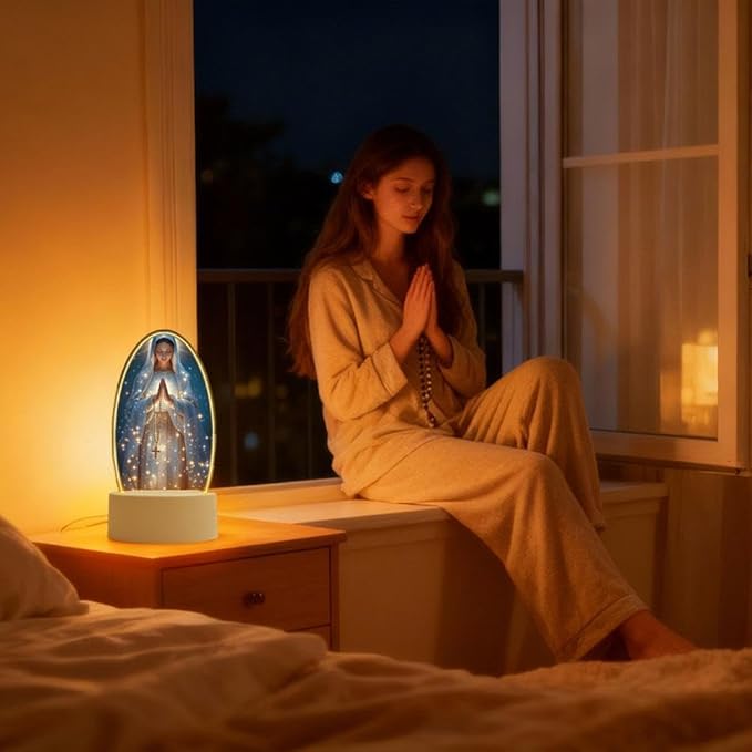 Guadalupe Virgin Prayer Lamp - 2D Acrylic Table Lamp with Soft Glow, USB Powered, Blessed Mother Mary Decoración para La Virgen de Religious Gift for Christmas Birthday (Yellow)