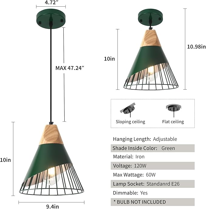 Farmhouse Pendant Light 9.4ines, 2 Packs- Green Industrial Kitchen Pendant Lights for Kitchen Island, Bar, Bedroom, Office, Library