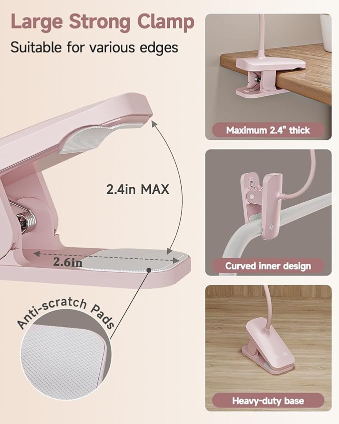 CUHIOY Clip on Reading Light for Bed, Rechargeable Battery Desk Lights, 5 Colour 5 Brightness & Touch Control Headboard Lamp, Large Clamp Lamp with Flexible Neck, Eye Protect LED Bedside Light, Pink