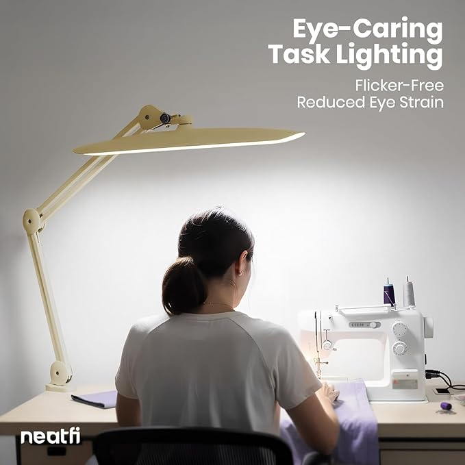 Neatfi XL LED Desk Lamp with Clamp, 2200 Lumens, 24W, 20-Inch Wide Head, Dimmable 4 Brightness Levels, Task Light for Home Office, Crafts, Workbench (Non-CCT, Gold)