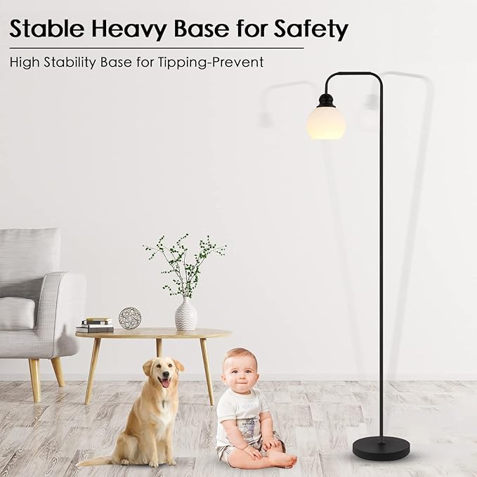 Modern Floor Lamp for Living Room, Black, with 3 Color Temperatures LED Bulb, Industrial Design, 63.2 in H, White Glass Shade, E26 9W A19 LED Bulb Included