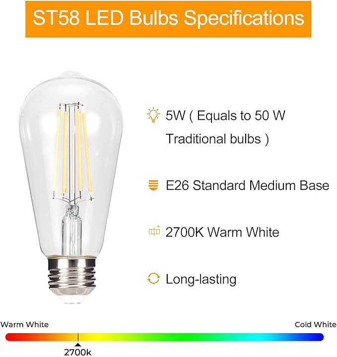 truestory Dimmable Vintage LED Edison Bulbs, 5W, Equivalent 50W, 450lm, Warm White 2700K, ST19(ST58) LED Filament Bulbs, E26 Medium Base, Clear Glass, Pack of 6 (Warm Light)