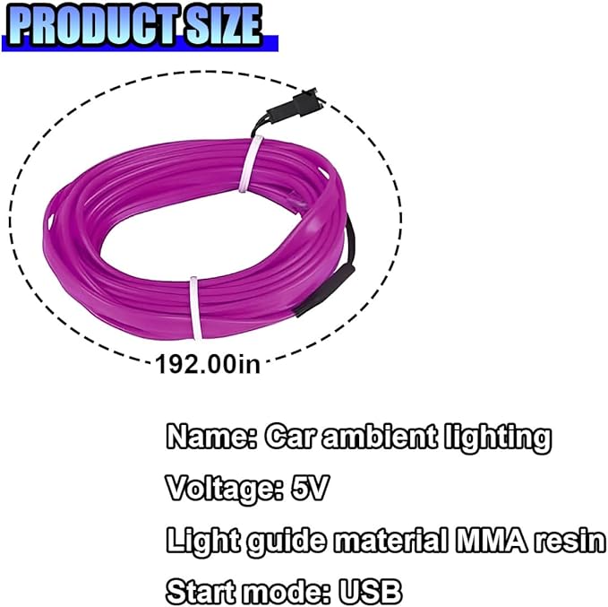 EL Wire Car Interior LED Strip Lights, 5V 16FT Neon Light Strip with Sewing Edge, USB Electroluminescent Car Interior Lights with Fuse Protection, Vehicle Ambient Lighting Decorations (Purple)
