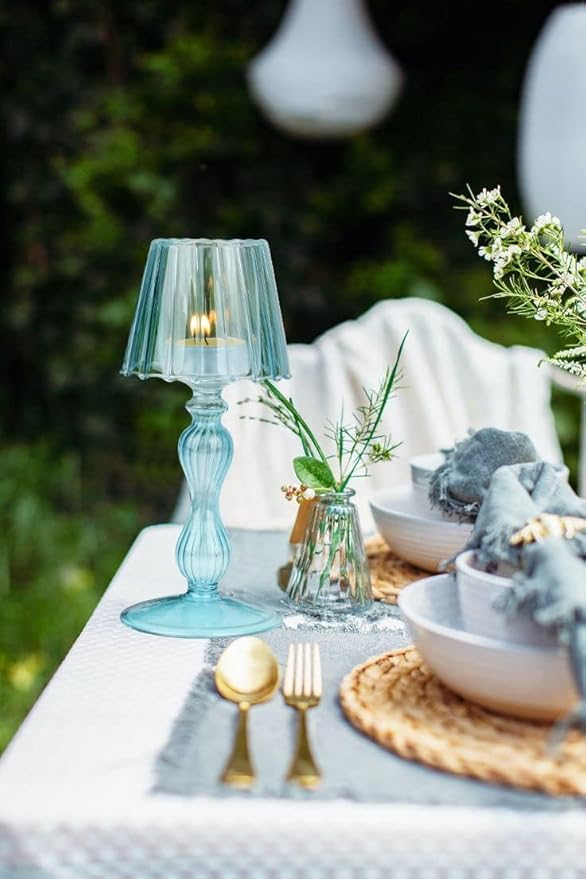 Desk Lamp Shaped Glass Candle Holder - Glass Hurricane Candleholder Crystal Decorative Candle Stand for Table Wedding Dinning Centerpieces Party Supplies Festival Decor Blue