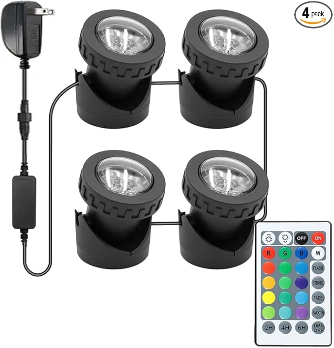 Colored Pond Lights with Timer, RGB Fountain Light IP68 Waterproof, Dimmable Outdoor Landscape Lights Fish Tank Pond Fountain Garden, 4 in Set