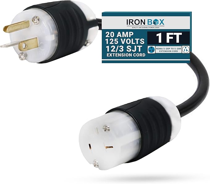 IronBox Electric NEMA 5-20P to 5-20R Extension Cord - 20A, 125V, 12/3 SJT - Heavy Duty Outdoor Generator Cords & Plugs - UL Listed Extension Cable for Data Centers, Camper & More (1 ft, Custom Built)