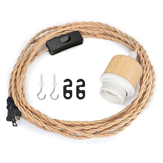 15ft Wood Pendant Light Cord Kit with Shade Ring and ON Off Switch, Hanging Lamp Kit Plug in Cord for Farmhouse, Vintage Swag Light Bulb Cord DIY Twisted Nylon Rope for E26 E27 Socket