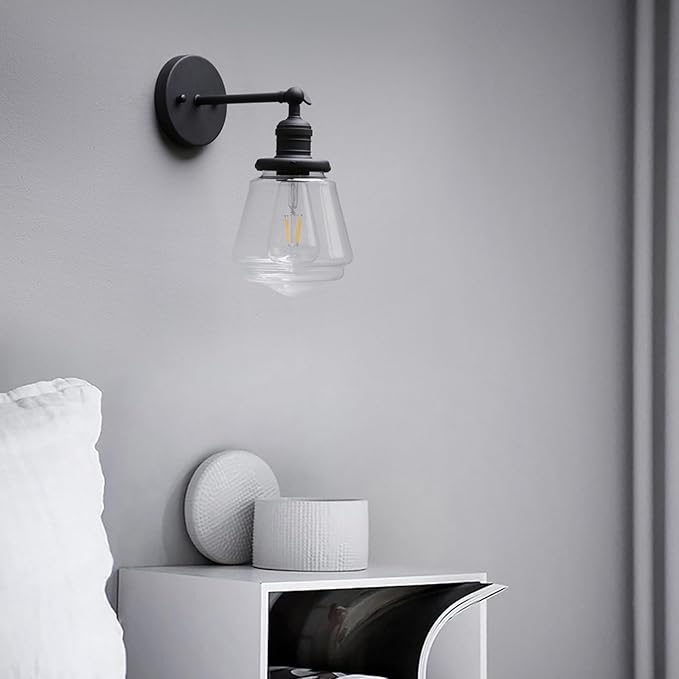 Phansthy Wall Sconces Light Fixture Industrial Wall Lamp, 180 Degree Adjustable Bathroom Vanity Light, Wall Light with Glass Shade Wall Decorative Lighting for Kitchen Living Room Hallway (Black)