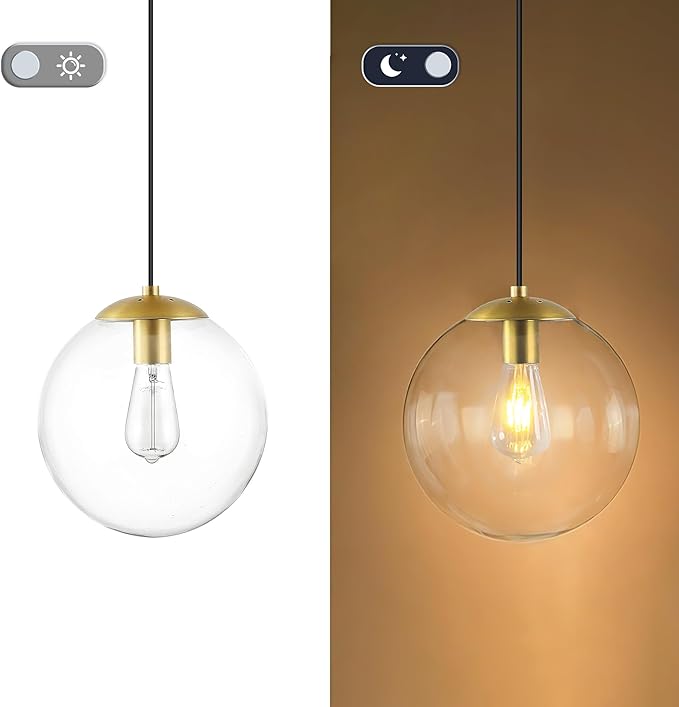 KoKo&Yukina 8 Inch Globe Pendant Lighting for Kitchen Island Mid Century Modern Hanging Light Fixture with Clear Globe Glass Gold Brass Hanging Ceiling Lights for Sink Bathroom Entryway (Bulb Incl.)