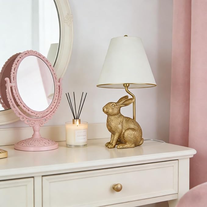 Golden Bunny Table Lamp with Tapered Linen Shade, Gold Finish Rabbit, Easter Decor Collection, Animal Light for Indoors, Bedroom, Study, Kids Room