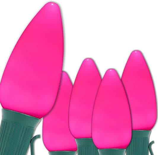 Wintergreen Lighting C9 OptiCore LED Commercial Outdoor Christmas Lights – Heavy Duty Christmas String Lights; Green Wire (50 Lights, 50 ft, Pink Smooth/Opaque)