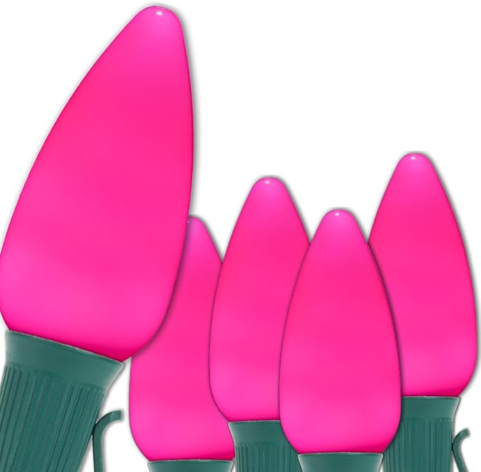 Wintergreen Lighting C9 OptiCore LED Commercial Outdoor Christmas Lights – Heavy Duty Christmas String Lights; Green Wire (25 Lights, 25 ft, Pink Smooth/Opaque)