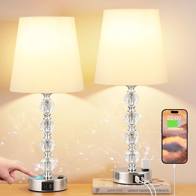 Acaxin Crystal Table Lamp Set of 2 for Bedroom/Living Room, 17.5in (White)