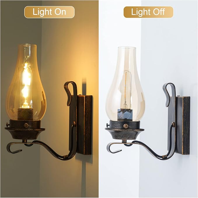 Wall Sconces Sets of 2, Oil Rubbed Bronze Hardwired Wall Sconce Indoor, Retro Rustic Wall Lamps with Amber Glass,Vintage Bedside Sconces Wall Lighting for Living Room Bathroom