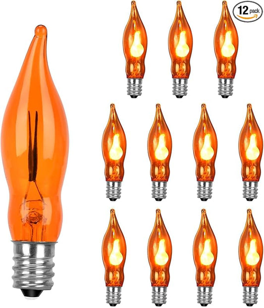 Halloween Orange Flicker Flame Light Bulbs-1 Watt/120 Volts/ E12 Candelabra Base, C18 Flickering Flame Night Light Bulbs for Outdoor Christmas String Lights Window Candles Chandeliers-12 Pack