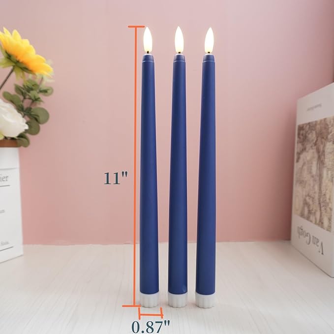 Navy Blue Flameless Taper Candles with Remote Timer, Flickering Battery Operated LED Candlesticks Set of 12