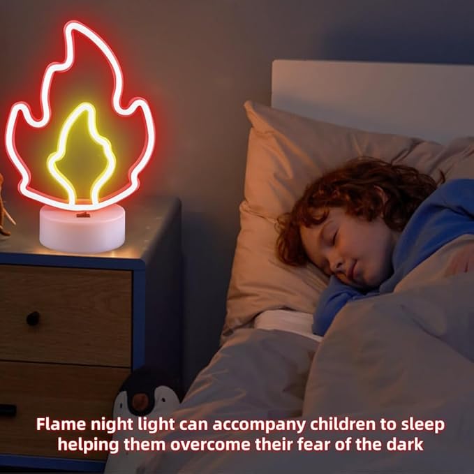 Fire Flame Neon Sign with Base, LED Fire Neon Lights for Room Decor, USB & Battery Powered Table Lamp Flame Led Light Sign for Home, Bedroom, Party, Birthday, Christmas Decor, Kids Gift