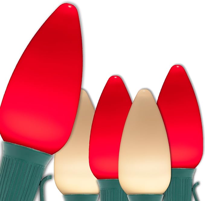 Wintergreen Lighting 50 C9 OptiCore LED Commercial Outdoor Christmas Lights – Heavy Duty Christmas String Lights; Green Wire (50 ft, Red/Warm White Smooth/Opaque)