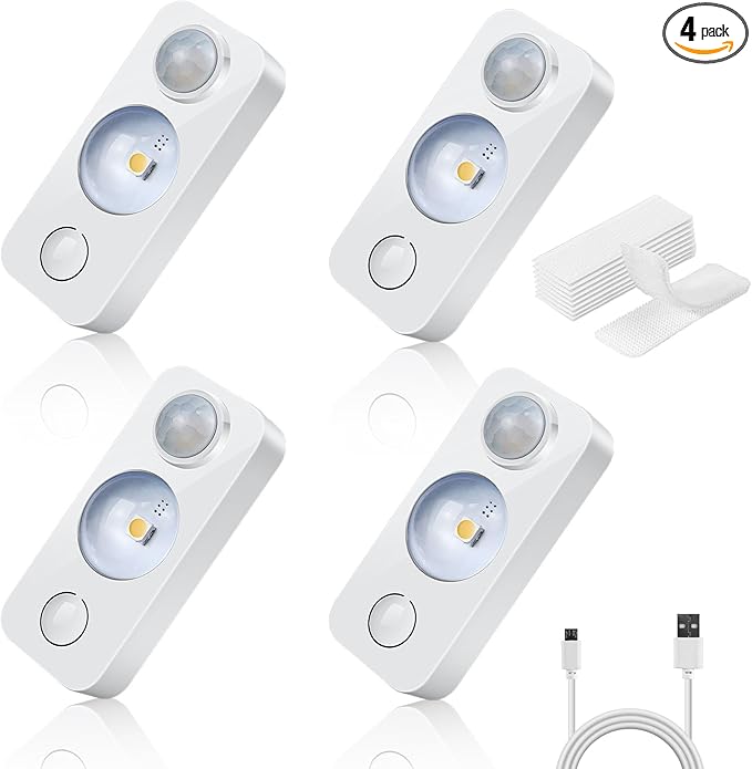 LED Motion Sensor Puck Lights, Rechargeable Cabinet Lights, Stick on Wireless LED Night Light for Closet, Drawer, Shelf, Under Cabinet, Warm White 4Pack, USB Charging Cord Included