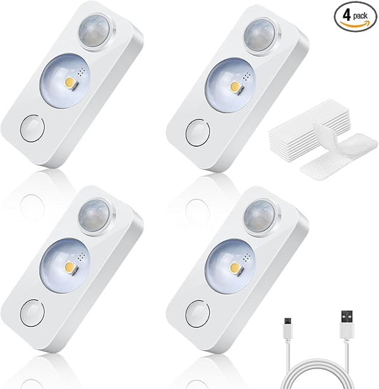 LED Motion Sensor Puck Lights, Rechargeable Cabinet Lights, Stick on Wireless LED Night Light for Closet, Drawer, Shelf, Under Cabinet, Daylight White 4Pack, USB Charging Cord Included