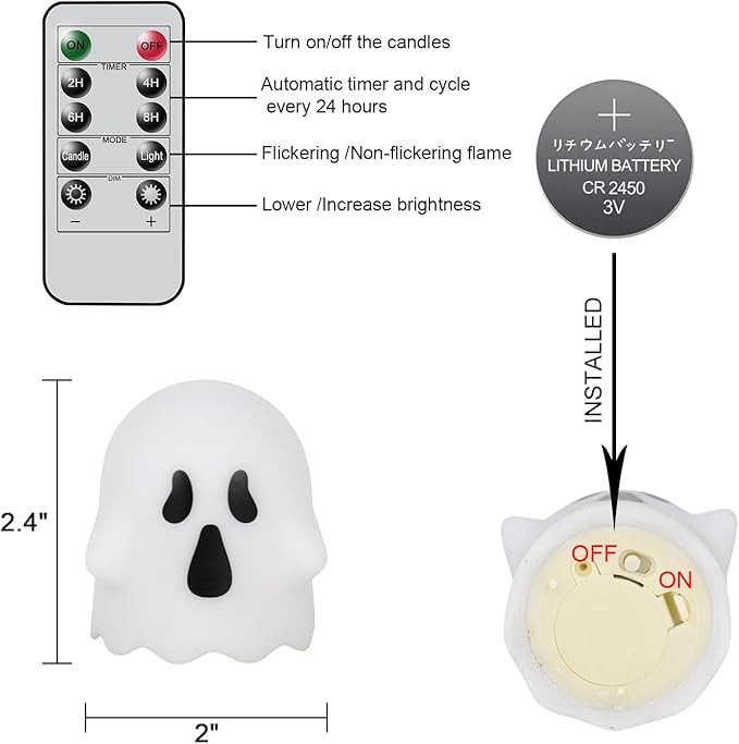 Wondise Halloween Flameless Candles with Remote & Timer, 6 Pack Ghosts Battery Operated LED Flickering Candles for Halloween Decorations Home Decor