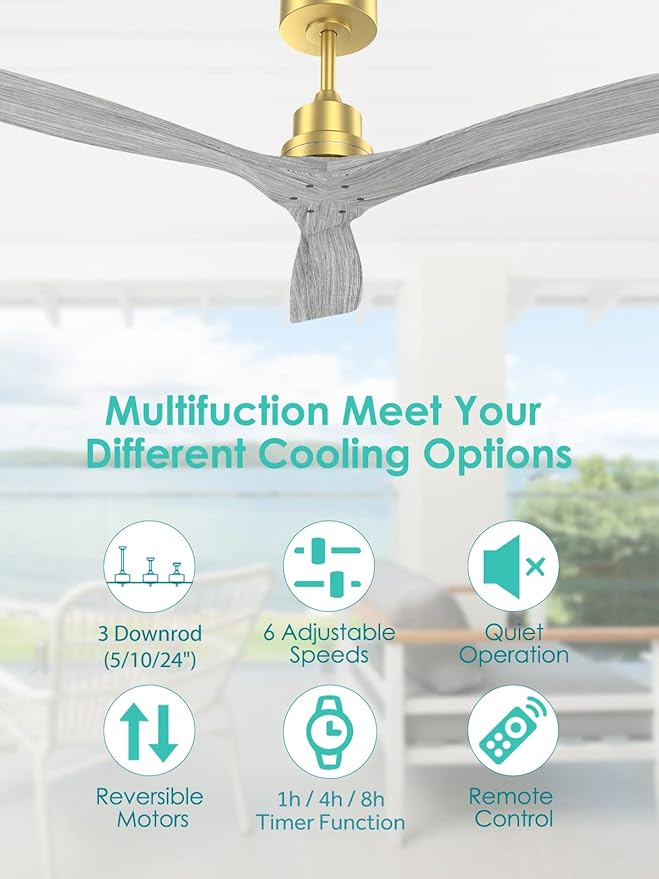 52" Ceiling Fans No Lights with Remote, 3 Solid-Wood Blade,Noiseless Reversible DC Motor for Patios Indoor Outdoor Living room Farmhouse, Golden Body