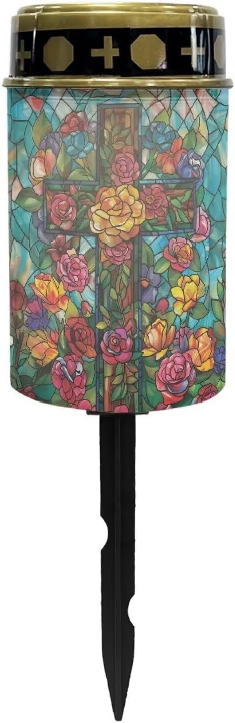 Light for Prayer Cemetery Solar Lights for Grave Cemetery Decor Candle Lamp Cross and Rose Grave Solar Lights Garden Cemetery Decor Memorial Gift
