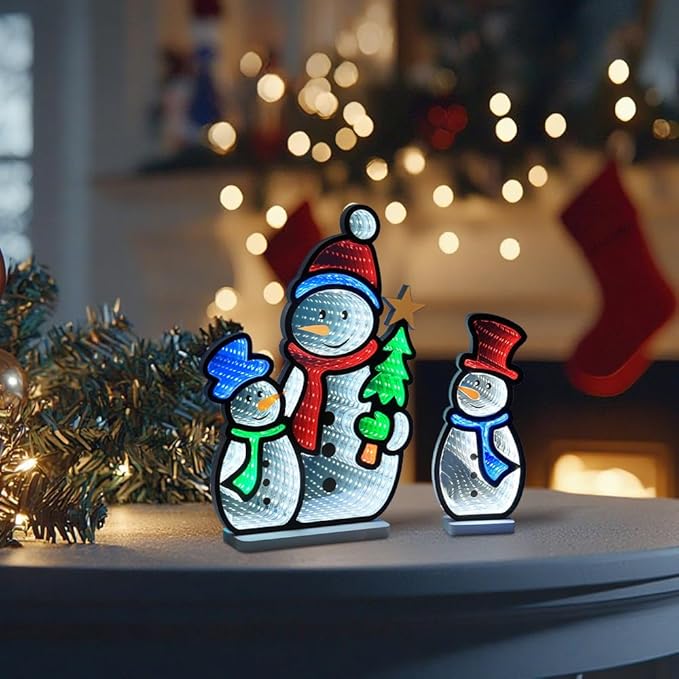 MEETYAMOR Christmas Decorations Indoor, Set of 3 Snowman Infinity Mirror Tunnel Light for Christmas Decor, Night Lights with Endless Extension for Home Mantel Table Centerpiece Lamp Xmas Decorations