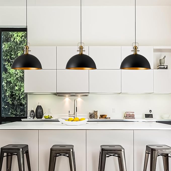 12 Inch Black Farmhouse Pendant Lights Matte Pendant Lights for Kitchen Island Industrial Adjustable Height Vintage Dome Hanging Light Fixtures for Barn Dining Room 3 Packs