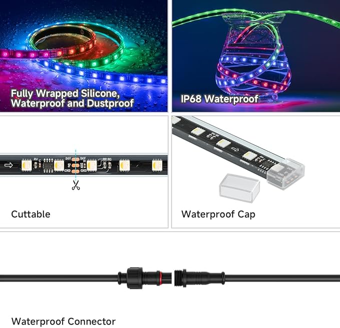 BTF-LIGHTING IP68 Waterproof Outdoor WS2814 RGBW IC LED Strip RGB+Cool White(6000K) Addressable Dream Color 5050SMD Light DC24V 16.4ft 60LEDs/m 10Pixels/m Can Work Outdoor(No Adapter or Controller)