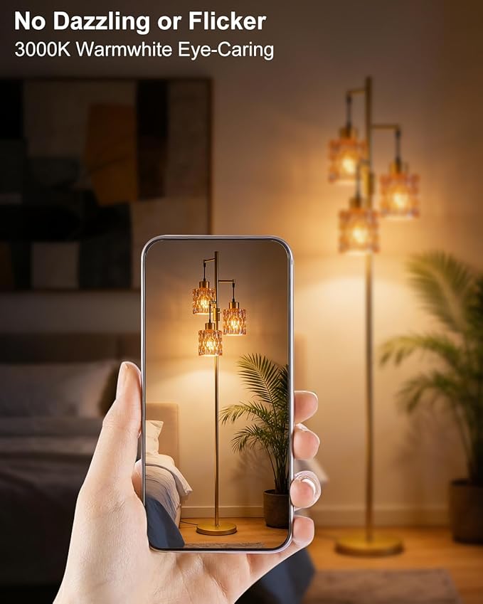 3-Light Floor Lamps for Living Room, Farmhouse Dimmable Gold Floor Lamp with Brown Glass Shade& Bulbs Included, Mid Century Standing Tall Lamp for Bedroom/Sofa Beside/Corner