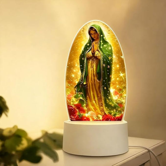 Guadalupe Virgin Prayer Lamp - 2D Acrylic Table Lamp with Soft Glow, USB Powered, Blessed Mother Mary Decoración para La Virgen de Religious Gift for Christmas Birthday (Yellow)