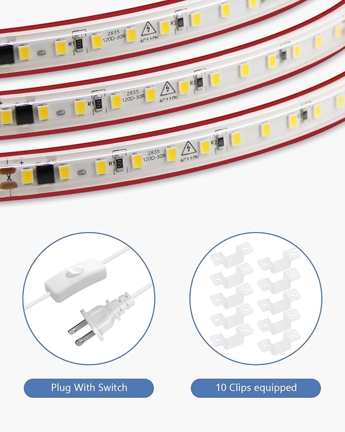 Self-Adhesive 20FT LED Strip Lights for Bedroom Warm White Waterproof Flexible LED Rope Light for Outside AC 110V-120V Switch Plug in 2835 120LED/M LED Tape Light for Bedroom Indoor Outdoor
