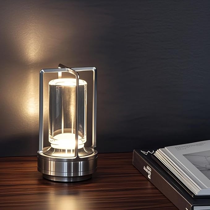 Cordless Rechargeable Table Lamps, Portable Lumisom Crystal Small Lantern Lamp with Touch Control & 3 Color Dimmable, 4000mAh Battery-Powered Klarako Crystal Desk Lanter for Outdoor Indoor (Silver)