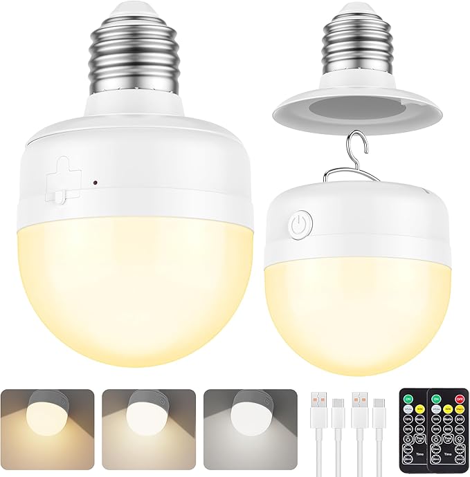 2Packs E26 Rechargeable Magnetic Light Bulbs with Remote and Hook, 10W 900LM Battery operated Emergency LED Bulb 3500mAh, Portable Large Camping Tent Lamp for Home, Hurricane, Power Outage & Outdoor