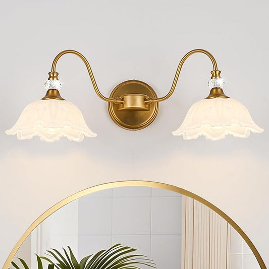 Vintage Bathroom Vanity Light, 2-Light Matte Brass Finish Vanity Light with Floral White Glass Shades, Retro Wall Sconce for Bathroom, Dressing Table
