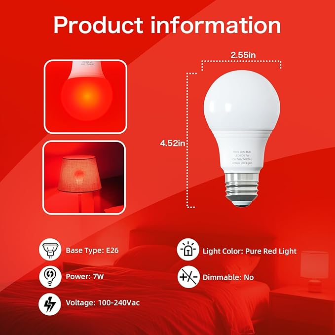 Red Light Bulbs for Sleep 670nm Natural Sleep Aid Lamp Blue Light Blocking 7W E26 Base for Stress Relief Relaxation Travel Meditation and Yoga (2 Pack)