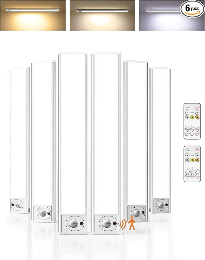 6Pack 12inch Under Cabinet Lighting, Rechargeable Motion Sensor Light Wireless Indoor, Dimmable 3 Color Temps Closet Lights with Remote, Indoor Under Counter LED Lights for Kitchen, Stairs