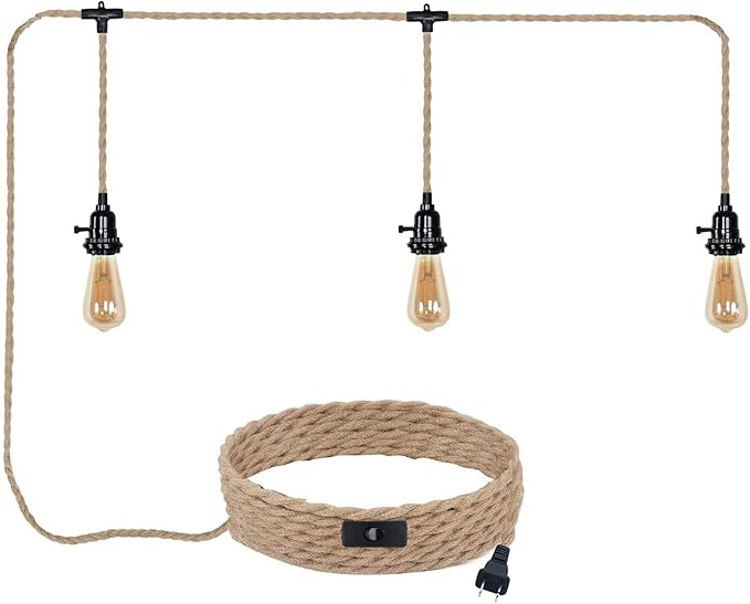 Triple Plug in Pendant Lights with Cord Hanging Lamp Kit with Switch 23 Ft Long Hemp Rope Farmhouse Pndant Light Cord Lighting Fixture Kits DIY Hanging Light